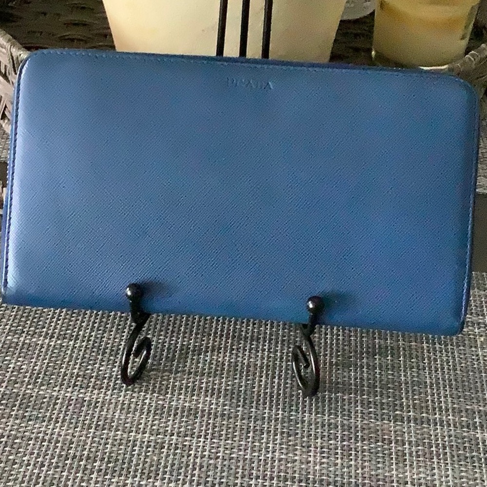 Prada Blue Zip Around Organizer Wallet Very Good Preowned Condition
